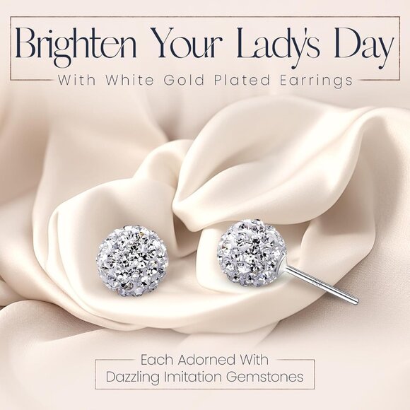 Women's Sterling Silver Disco Round Ball Crystals Stud Earrings Jewelry - Picture 5 of 7